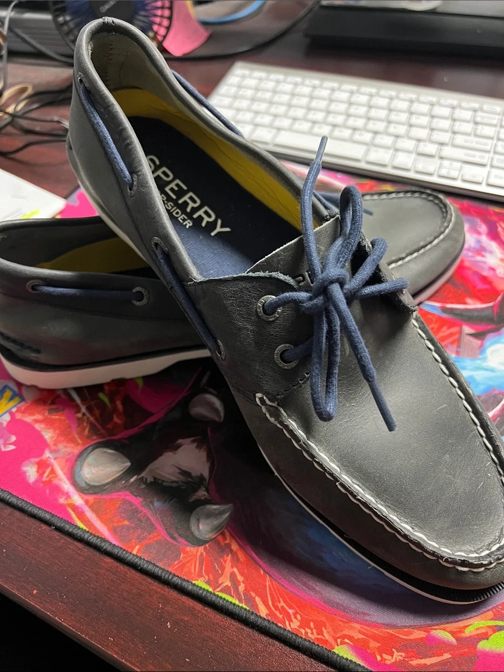 Sperry Men’s Gray Leather Boat Shoes with Blue Laces